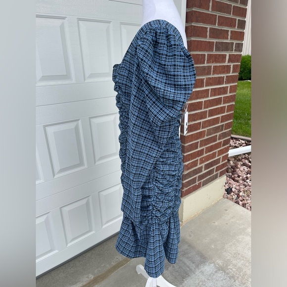 GANNI Ruched checked stretch-seersucker mini dress, Size 42 - Picture 2 of 16